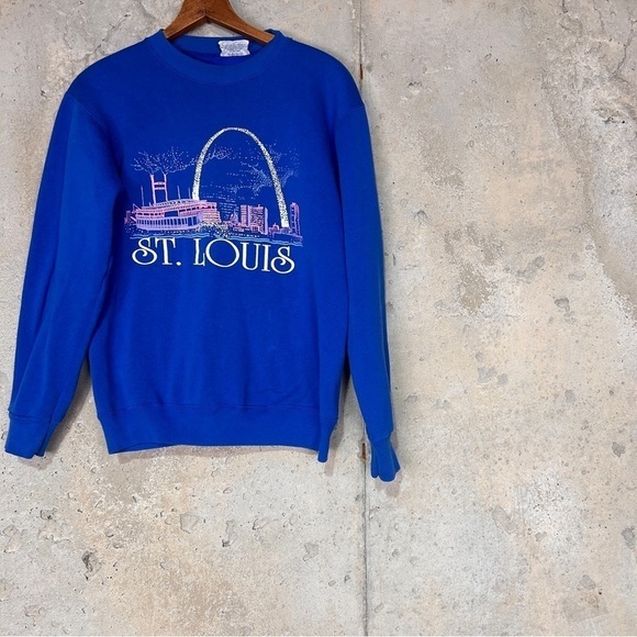 Vintage 80s velvasheer royal blue St. Louis pink puff paint skyline sweatshirt - Picture 1 of 7